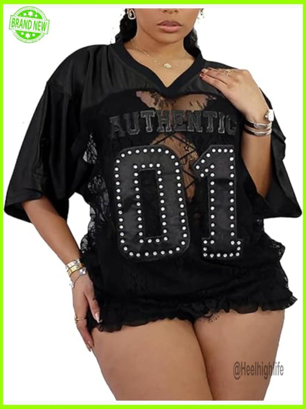 Plus Size Lace Sheer Jersey V-Neck Tee Oversized Top